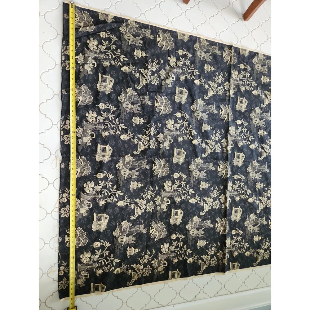 2+yds/Black Tan Chinoiserie Upholstery Damask Fabric Asian Pagodas Tea Service